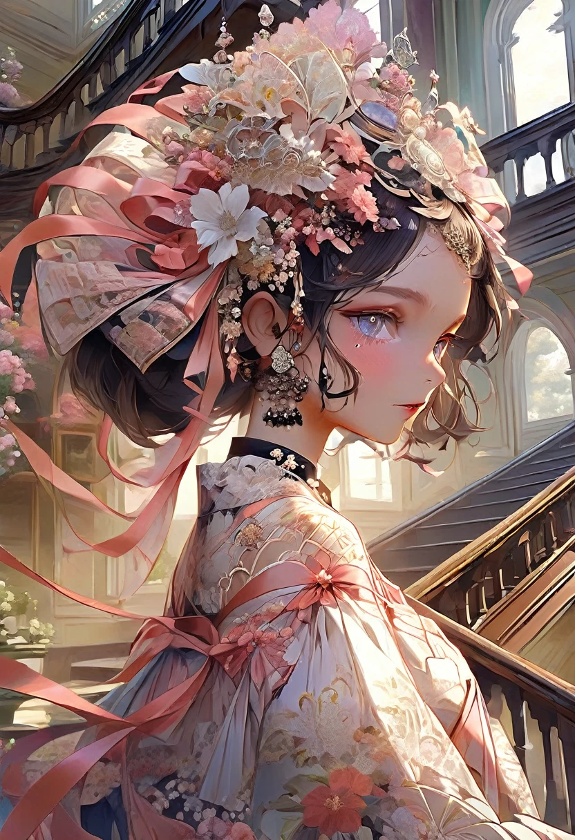 Masterpiece High resolution Fractal art Floral dress with lots of lace Stairs of a mansion Ribbon on the head One girl Beautiful girl