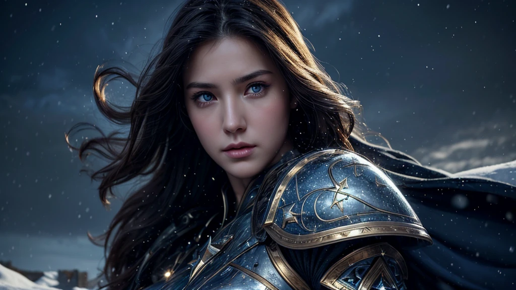 masterpiece, rest, best quality, Very detailed, Super real, 16K, high resolution, castle,snow, ((Starry Sky)),Female Warrior,Gorgeous armor,Complex Mode,Pretty Face,Closed mouth,dramatic,Mid-range photos,Glowing eyes,Large Breasts