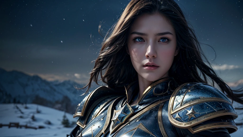 masterpiece, rest, best quality, Very detailed, Super real, 16K, high resolution, castle，snow, ((Starry Sky)),Female Warrior，Gorgeous armor，Complex Mode，Pretty Face，Closed mouth，dramatic，Mid-range photos，Glowing eyes，Large Breasts