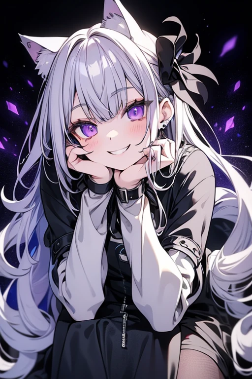 Perfect face. Perfect hands. A young silver haired woman with violet eyes and silver cat ears and a silver cat tail in a Gothic sweatshirt dress is leaning forward with a big smile