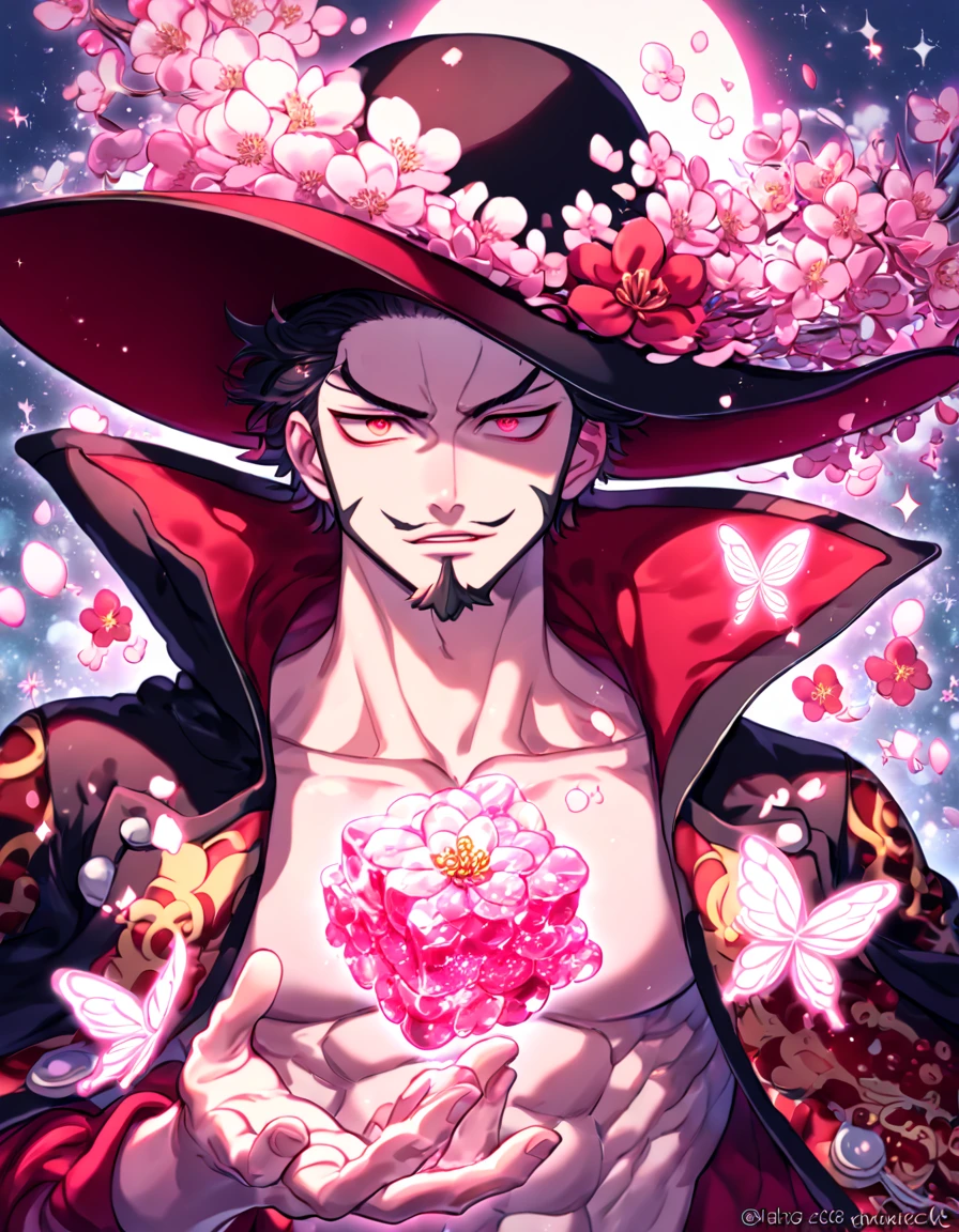 absurdres, highres, ultra detailed, HDR, master piece, best quality, extremely detailed, Dracule Mihawk, black hair, expressive red eyes, One Piece, solo, sexy man, handsome, wide-brimmed black hat decorated with a large plume, open black coat with a red velvet inside, without shirt, red flower-patterned sleeves, close up, magical, sparkling, pink glittering fireflies, pink ice, pink ice butterflies, pink ice petals, pink ice cherry blossoms, pink crystal, pink flowers, pink moon