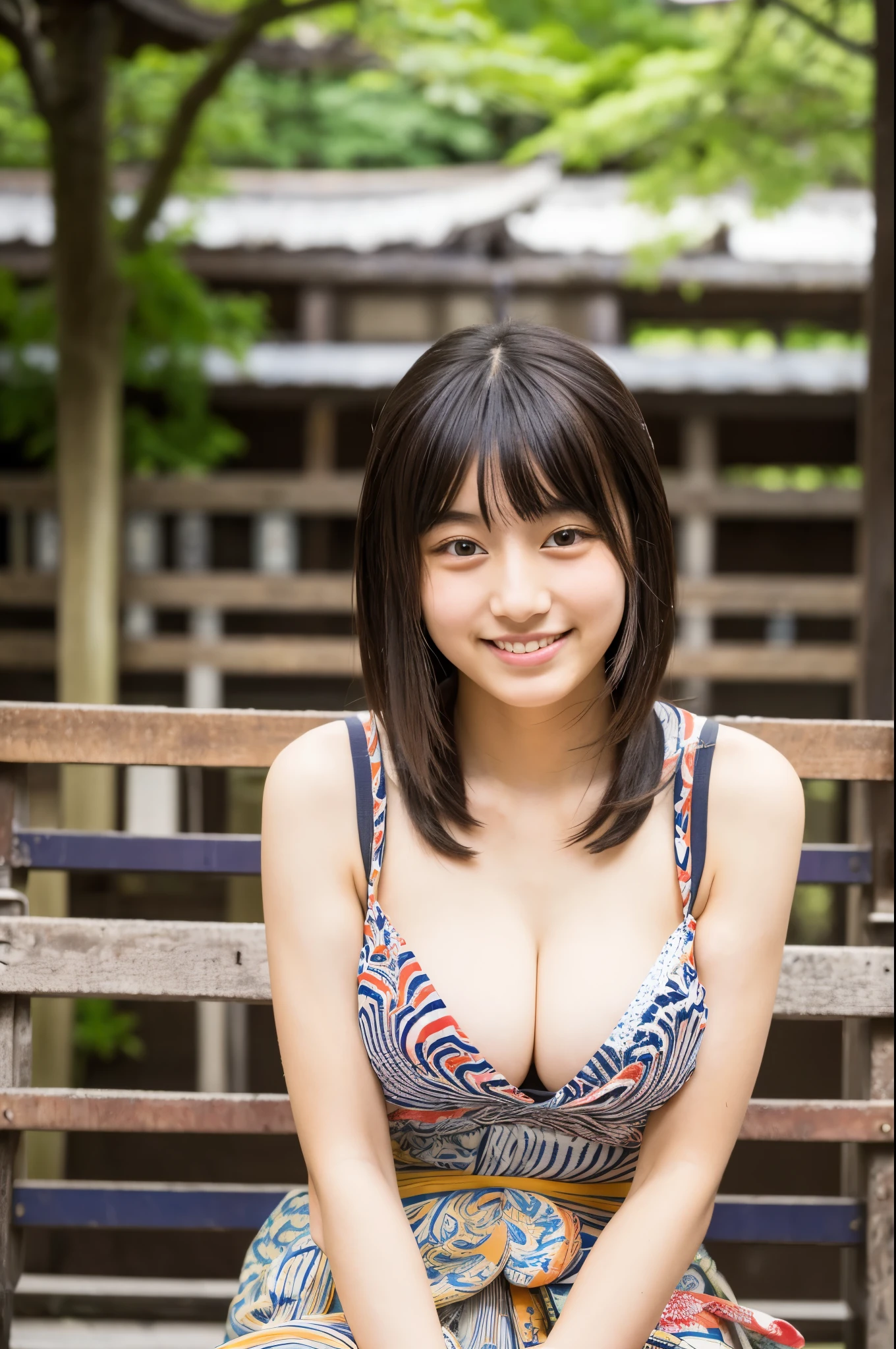 A very cute face like an idol、like々A 19-year-old woman with a cute face、Gentle and cute、A kind smile、(((Japanese Yukata)))、Sitting on a bench at a festival、Cleavage、(Full body portrait)、RAW Photos、Genuine、High resolution
