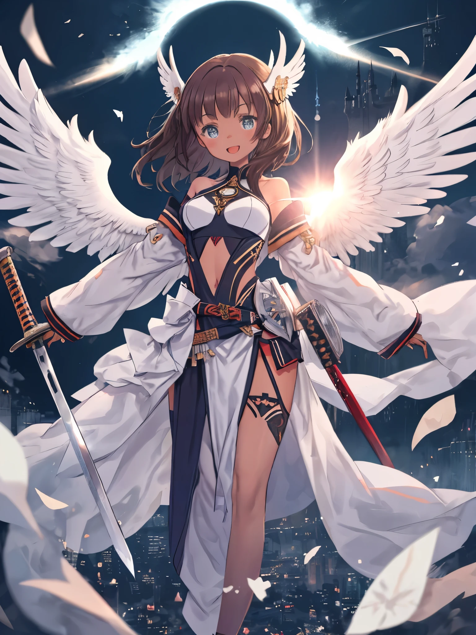 fantasy, 1angel_girl, low_teen, dark_brown_hair,long_bangs, (dark_skin)+, bare_shoulder, navel out, thighhighs,silver_shiny_armor, white_clothes,waist_armor, Glebe, hold_swords_emits_light, medium_breasts, dynamic_flying_pose,Floating, (1pair_white_wings:1.2),(pelvic_curtain:1.3), silver_Headgear ,looking_down_at_sunset_city_sky_background,,slightly_spread_legs, some_swords_emits_light,some_swords_emits_light_floating_around_the_girl,solo,glare_halo,laugh ,smile,open_mouth,open_legs,open_arms,rise_knee,rise_leg,rise_thigh,rise_leg,forward_leaning_posture,apart_legs,