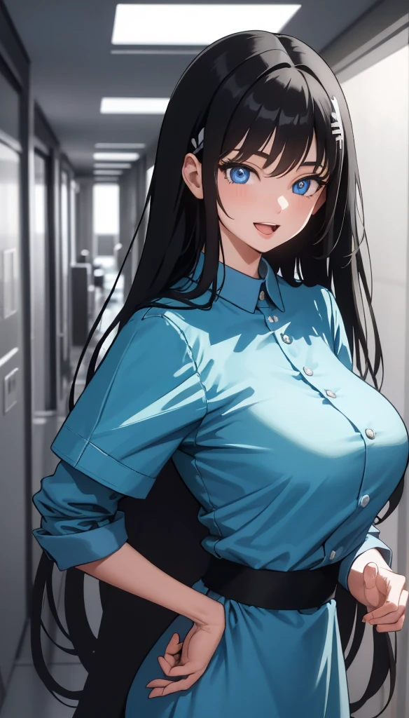 (masterpiece), (best quality), (ultra-detailed), ((girl, 29 years old)), an extremely delicate and beautiful, detailed eyes, minute details, (black hair, long hair, straight hair, hair between eyes), ((big breasts)), smile, open mouth, ((beautiful eyes)), (blue eyes), (upper body), she is wearing a blue dress, (detailed clothes), (detailed background, in a hospital, hospital hallway), (monochrome)