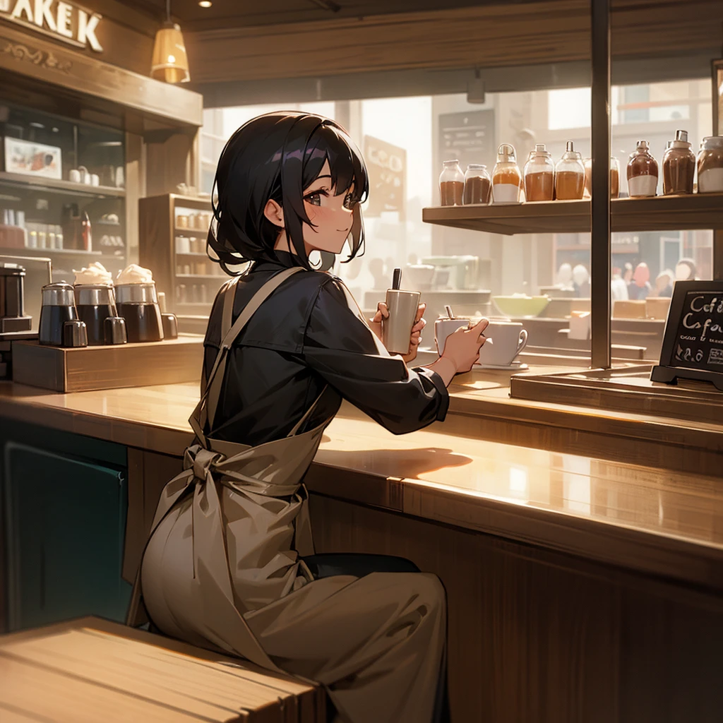 At the Counter: A woman sitting at the café counter, chatting with the barista while enjoying her coffee black hair