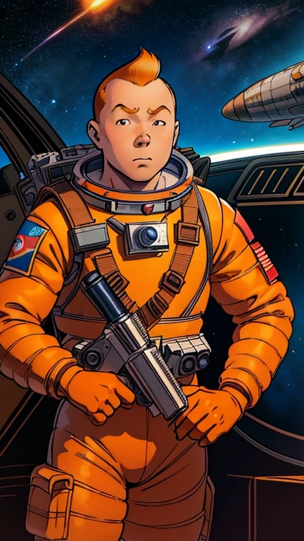 (Teens:1man: Tintin), (extremely detailed CG unit 8k wallpaper),(master part), (best quality), (ultra detali), (best illustration),(Deodato), cowboy shot, (Sharp eyeliner, ombre, detailed eyes:1),Dark midnight derelict spaceship interiors background, ,break , (astronaut in an orange space suit), upper body, short hair, orange hair