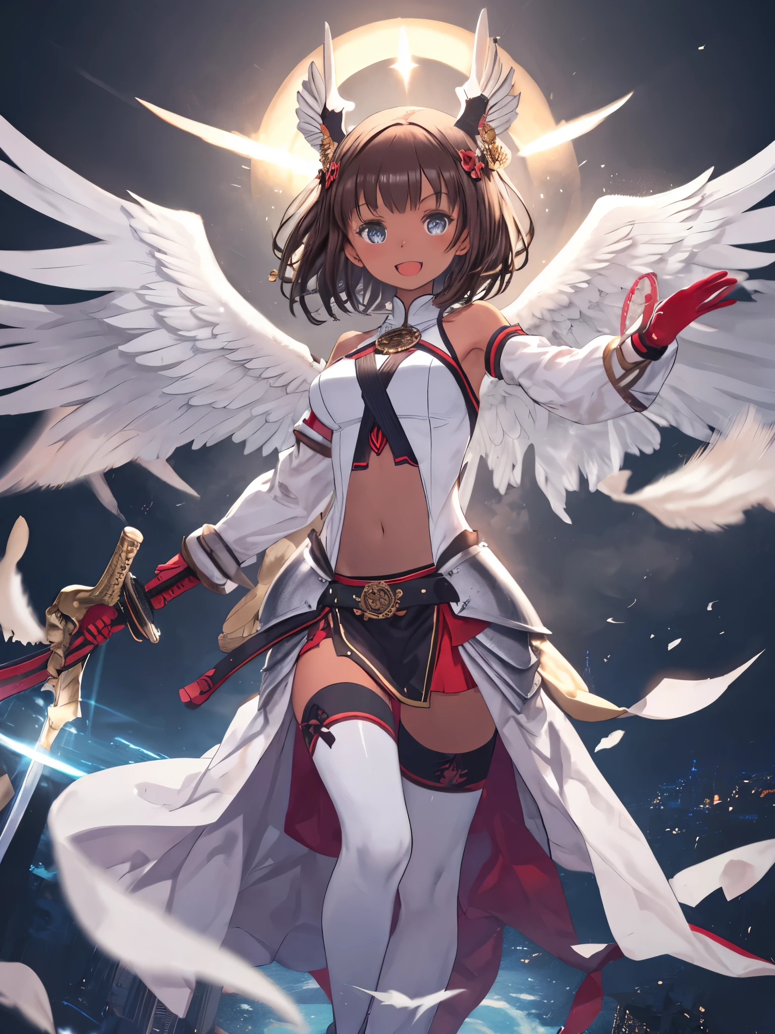 fantasy, 1angel_girl, low_, dark_brown_hair,long_bangs, (dark_skin)+, bare_shoulder, navel out, thighhighs,silver_shiny_armor, white_clothes,waist_armor, Glebe, hold_swords_emits_light, medium_breasts, dynamic_flying_pose,Floating, (1pair_white_wings:1.2),(pelvic_curtain:1.3), silver_Headgear ,looking_down_at_sunset_city_sky_background,,slightly_spread_legs, some_swords_emits_light,some_swords_emits_light_floating_around_the_girl,solo,glare_halo,laugh ,smile,open_mouth,open_legs,open_arms,rise_knee,rise_leg,rise_thigh,rise_leg,forward_leaning_posture,apart_legs,