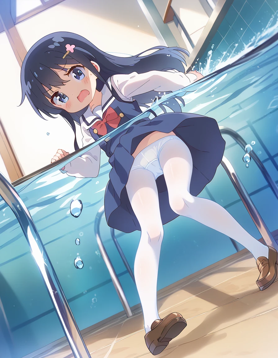 score_9, score_8_up, score_7_up, source_アニメ, masterpiece, 1girl, watahana, blue dress, sailor dress, pinafore dress, white sailor collar,white shirt, red bowtie, long sleeves, flat chest, white pantyhose, loafers, indoors, shiny hair, cuteポーズ, , Panty flashing, full body, looking at viewer, indoors, open mouth, (Take a dip in the pool)、Water Play, Primary school students underwear、blush、Watery eye、Lots of water、Wet、The skirt floats on the water、Drowning、partially underwater shot, Swimming pool
