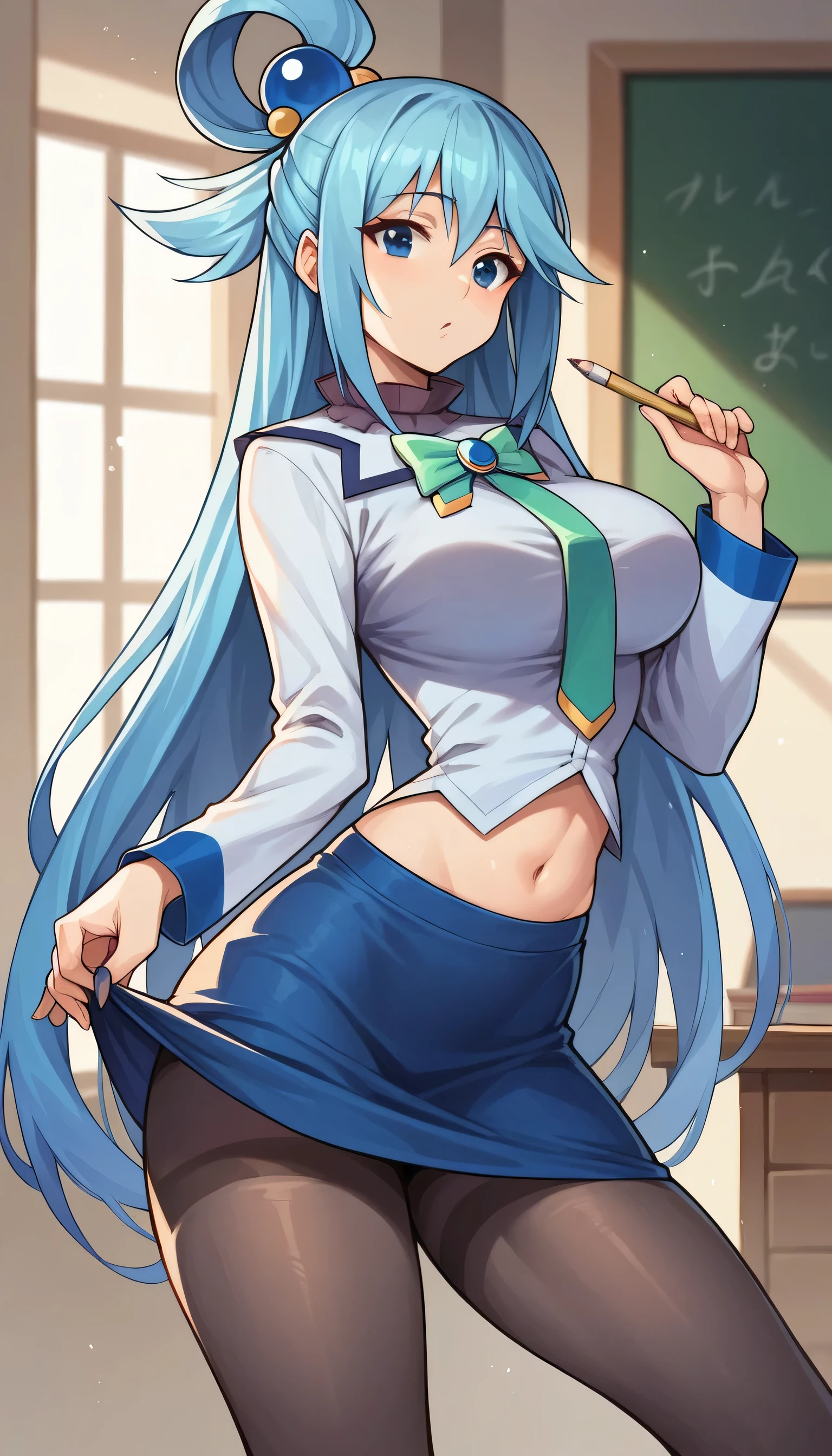 aqua \(konosuba\), long hair, hair ornament, very long hair, hair rings, hair bobbles, single hair ring, blue hair, blue eyes,1girl, skirt, solo, necktie, pencil skirt, pantyhose, midriff, navel, breasts,  miniskirt, skirt lift, large breasts,teacher outfits 