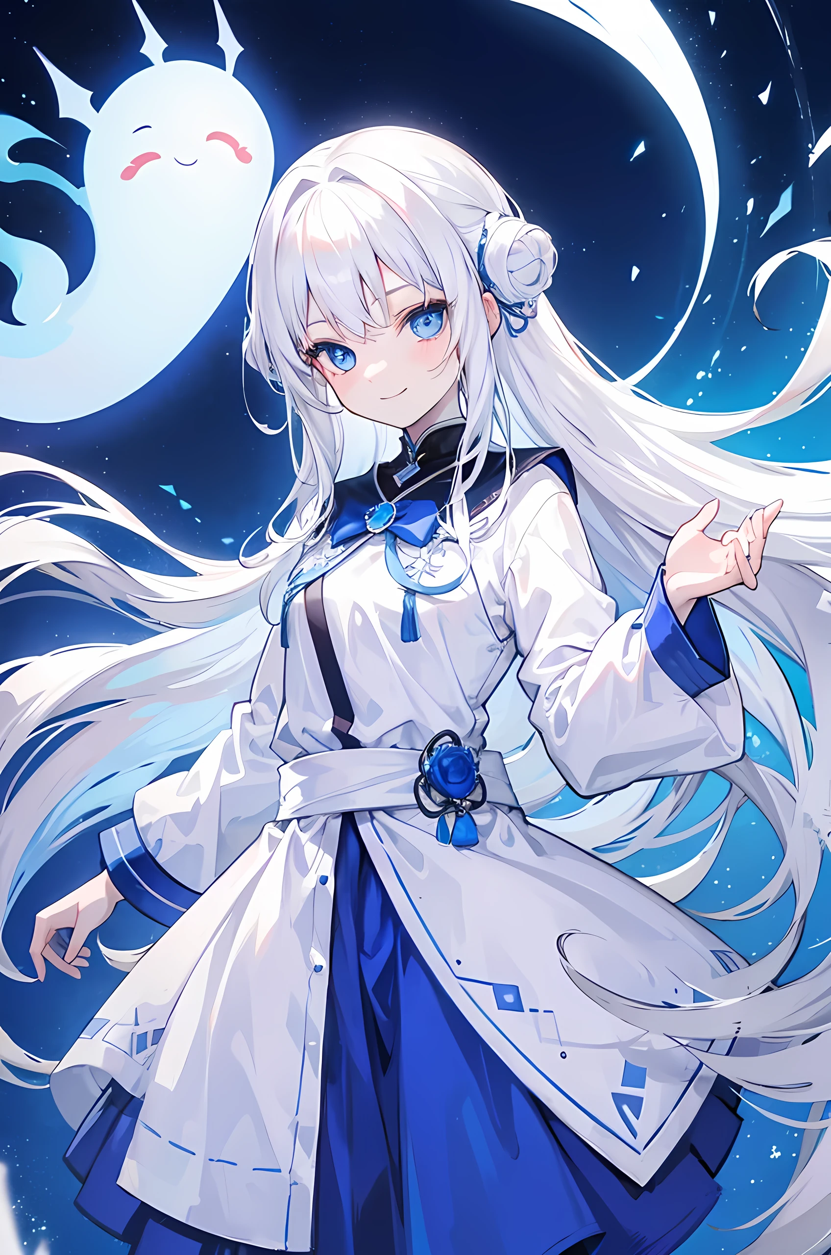 White hair, blue eyes, long hair, young girl, ghost style, smile face