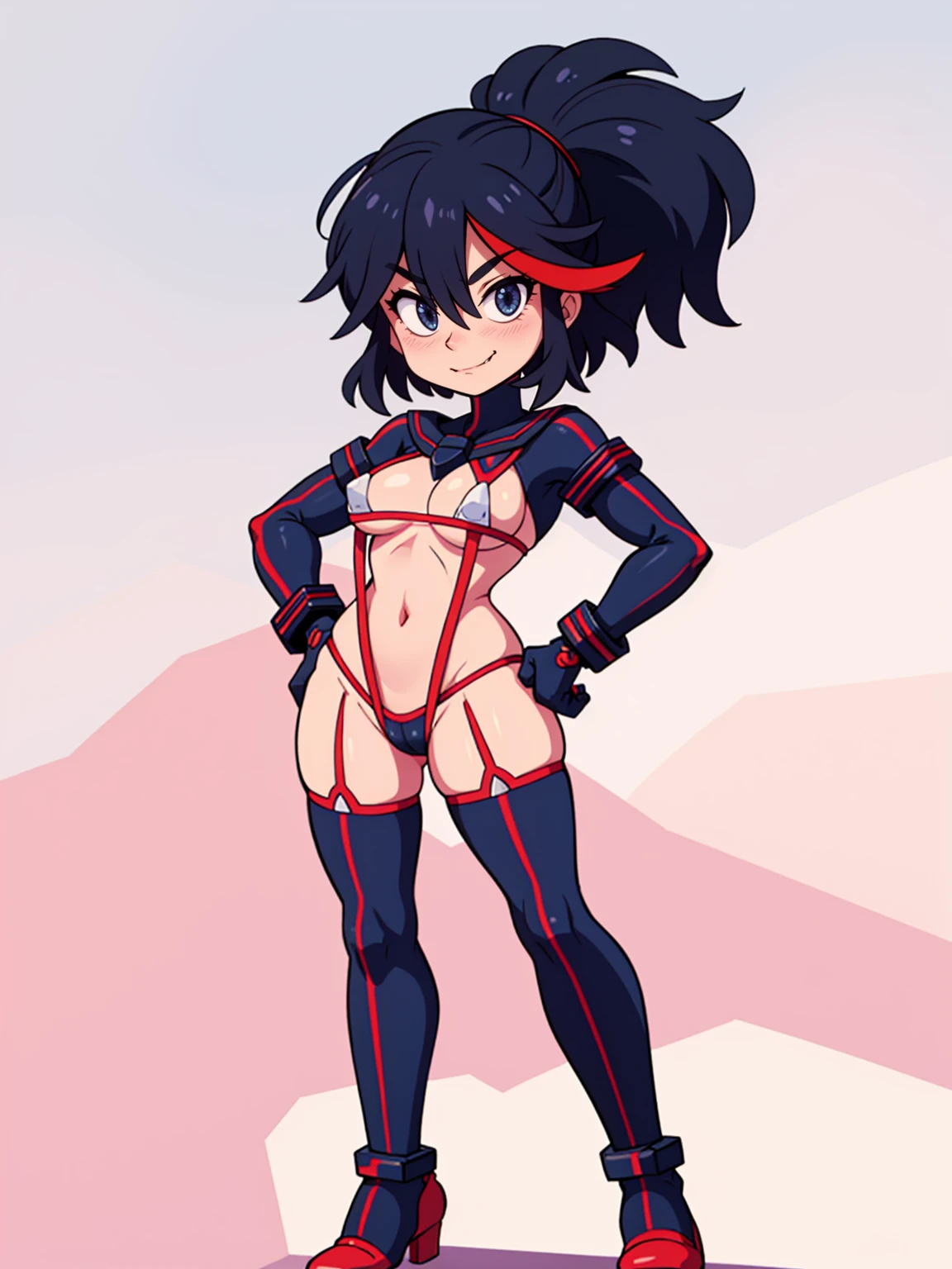 uhd, face detail, MICRO BIKINI, senketsu, matoi ryuuko, suspender, bodysuit, white background: 1.5, smile, , eyes detail, hand detail