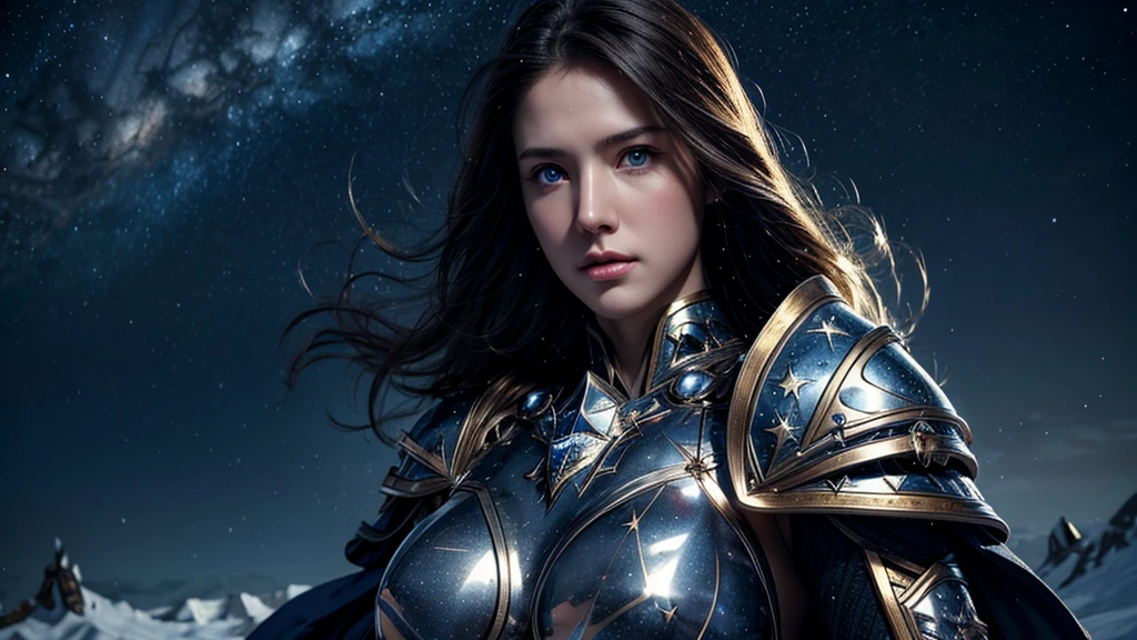 masterpiece, rest, best quality, Very detailed, Super real, 16K, high resolution, Snow Castle, ((Starry Sky)),Female Warrior,Gorgeous armor,Complex Mode,Pretty Face,Closed mouth,dramatic,Medium and long distance photos,Glowing eyes,Large Breasts