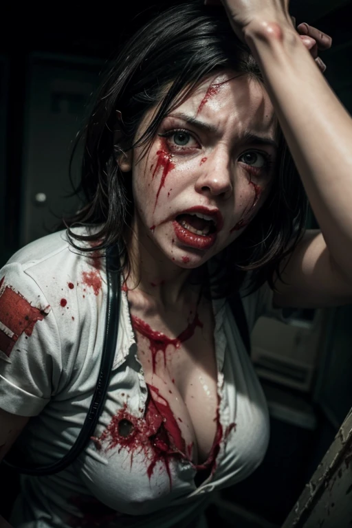 A zombie attacking a nurse, with details of bites and blood.