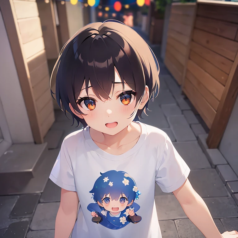 Shooting from above、(looking at viewer:1.5),
、masterpiece、Highest quality、 (Short hair with brown bangs) and (Orange eyes) and (5 year old boy:1.5)、Boy,
(white) and (T-Shirts)、
smile、open mouth, Are standing、The background is a back alley at night、The upper body is shown、Alone、