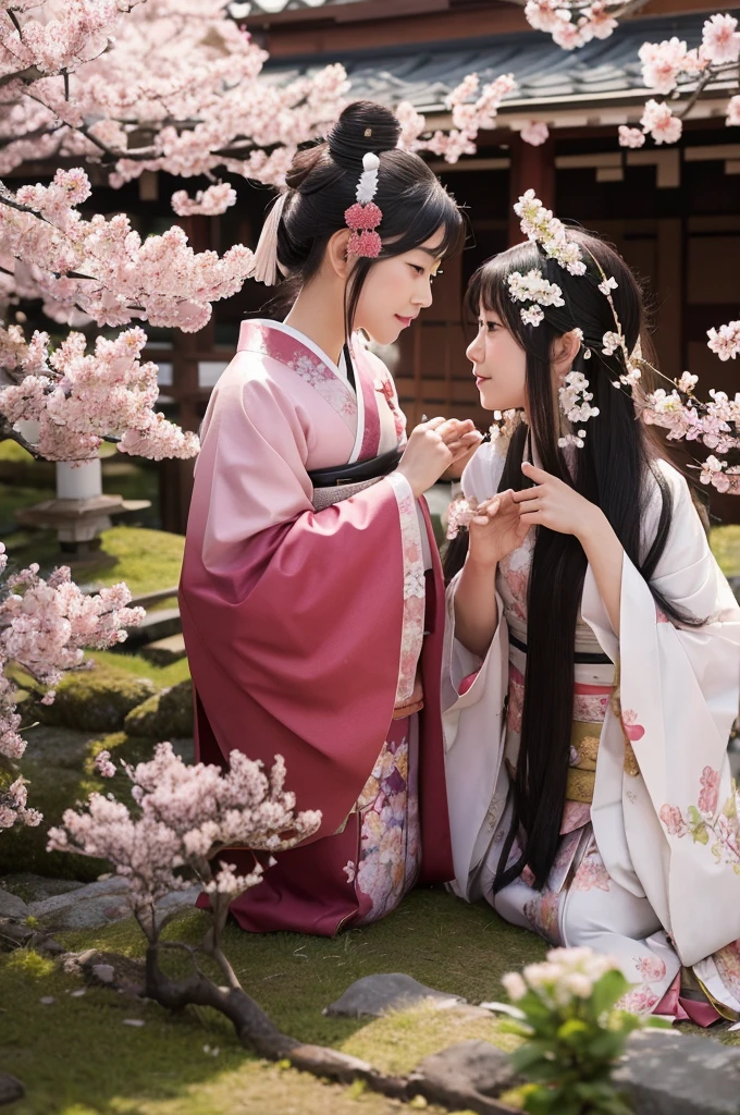 A beautiful ancient Japanese landscape with cherry blossoms in full bloom at the foot of a mountain. Konohana Sakuya-hime, dressed in traditional Japanese clothing with a floral headpiece, and Ninigi no Mikoto, wearing ancient attire with a determined expression, gazing into each other's eyes. The scene is serene and romantic, capturing the moment of their first meeting.