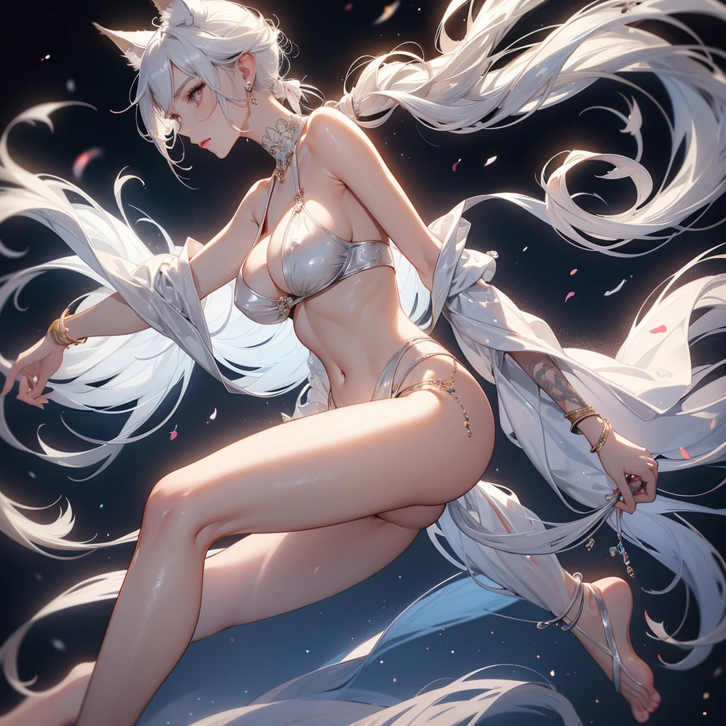 best quality, profile picture, kitsune woman, tall and slender, fit and sexy, tight and curvy, long white hair, silver hair highlights, messy ponytail, hair ornament, fox ears, earrings, beautiful face, gorgeous and slender face, elegant facial features, silver eyes, detailed eyes, cute nose, nose piercing, glossy lips, choker necklace, sexy body, subtle muscle, abdomen, naval piercing, large breasts, nipple piercing, nipple piercing showing under clothes, squishy bouncy breasts, slender arms with muscle tone, elegant hands, long finger nails, painted pinger nails, anatomically correct body proportions, curvy body, long curvy legs, sexy butt, sexy legs, bare feet, sexy feet, anatomically correct toes, painted toenails, anklets, braclets, sexy revealing clothes, elegant clothes, nine large whit fluffy fox tails, elegant fox goddess, sfw