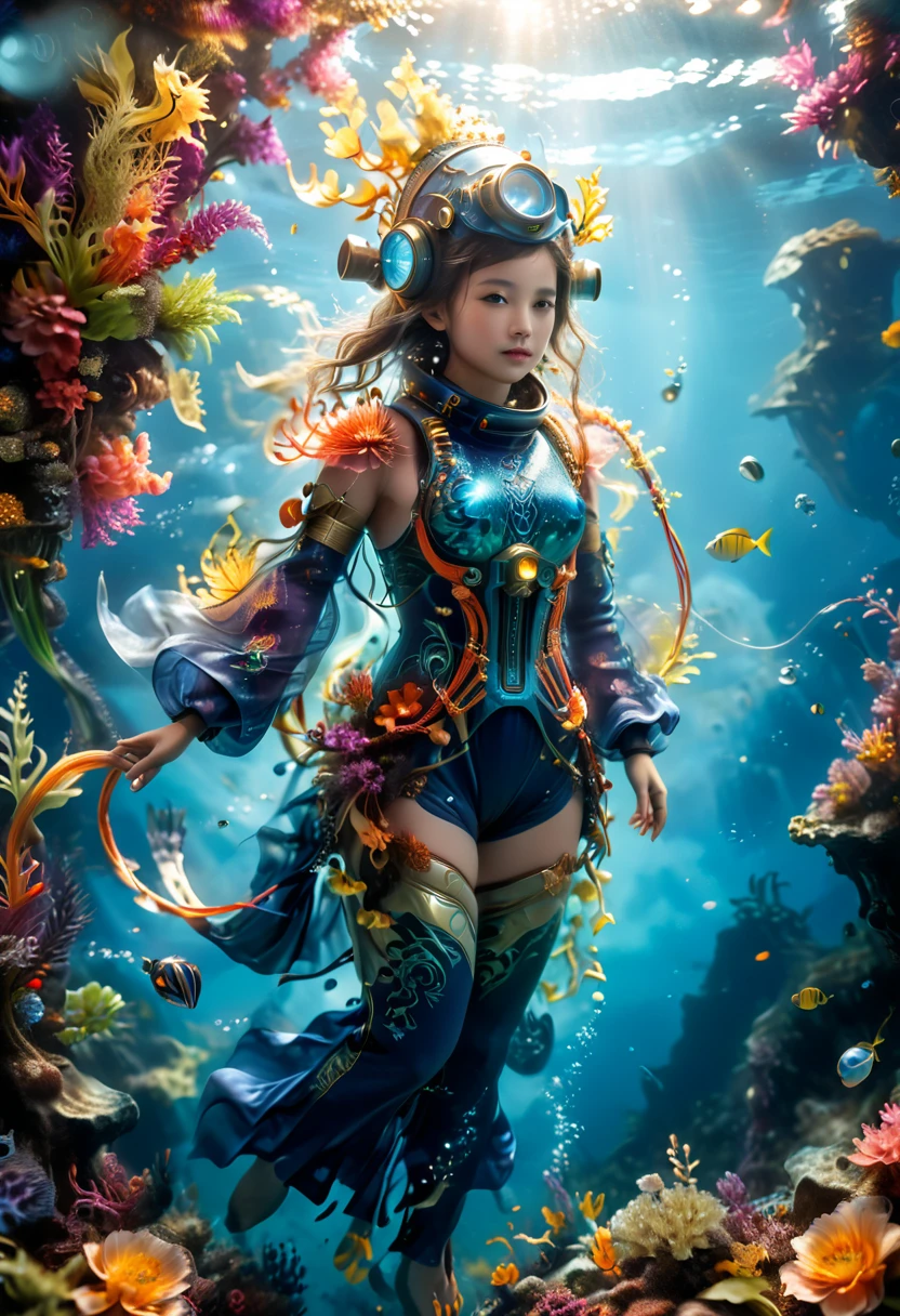 (best quality, Ridiculous, high resolution, extremist detailed, Dynamic angle:1.2), 1girl, mage, Hydromancer, (rich and colorful:1.3), Gorgeous diving jumpsuit, Lama diving helmet, glowing cybernetics, Robe woven with celestial patterns, (cast a spell, occult knowledge, Empower allies, Elemental Water Magic:1.5), Elegant and glowing runes, (underwater:1.2), marine plants, bioluminescence, futuristic, science fiction, (intricate details, hyperdetailed:1.15), (extremisthigh resolution textures), (Volumetric, Dark blue) light, (Full body shot:2.0), (Wide-angle lens:2.0), Bokeh, cinematic, Caustics, depth of field, masterpiece, 8k, award winning, anatomically correct, textured skin, high details