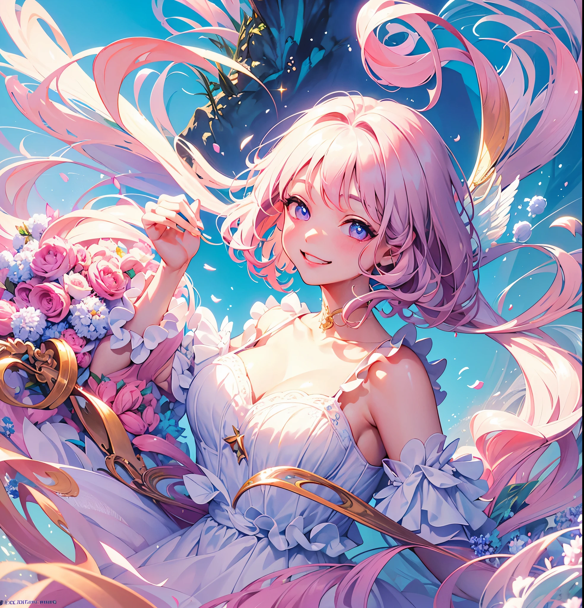 (masterpiece,Highest quality, Very detailed, beautiful, Exquisite, 16K, Full HD), ((smile,Happy:1.5)),get up,((Frills, Sparkling fluffy layered ball gown)), (Pink medium hair,Wavy Hair,Fluffy hair),(White skin,lavender eyes, Long eyelashes, Big eyes,Pale pink cheeks), (pastel colour,Fantasy art:1.2), (White Background:1.8),Facing forward,Upper Body,The body is facing forward.,No text
