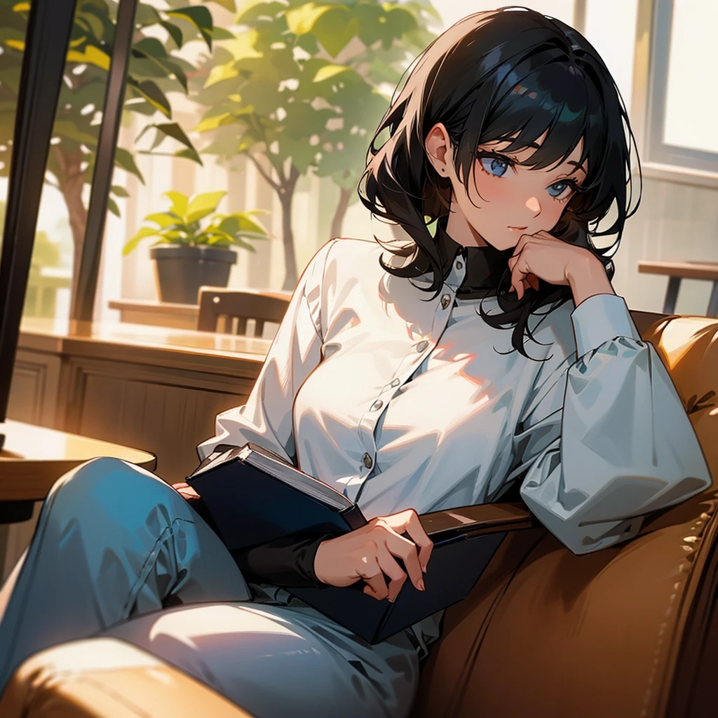 Reading and Coffee: A woman at a café table, reading a book while holding a coffee cup
 black hair
