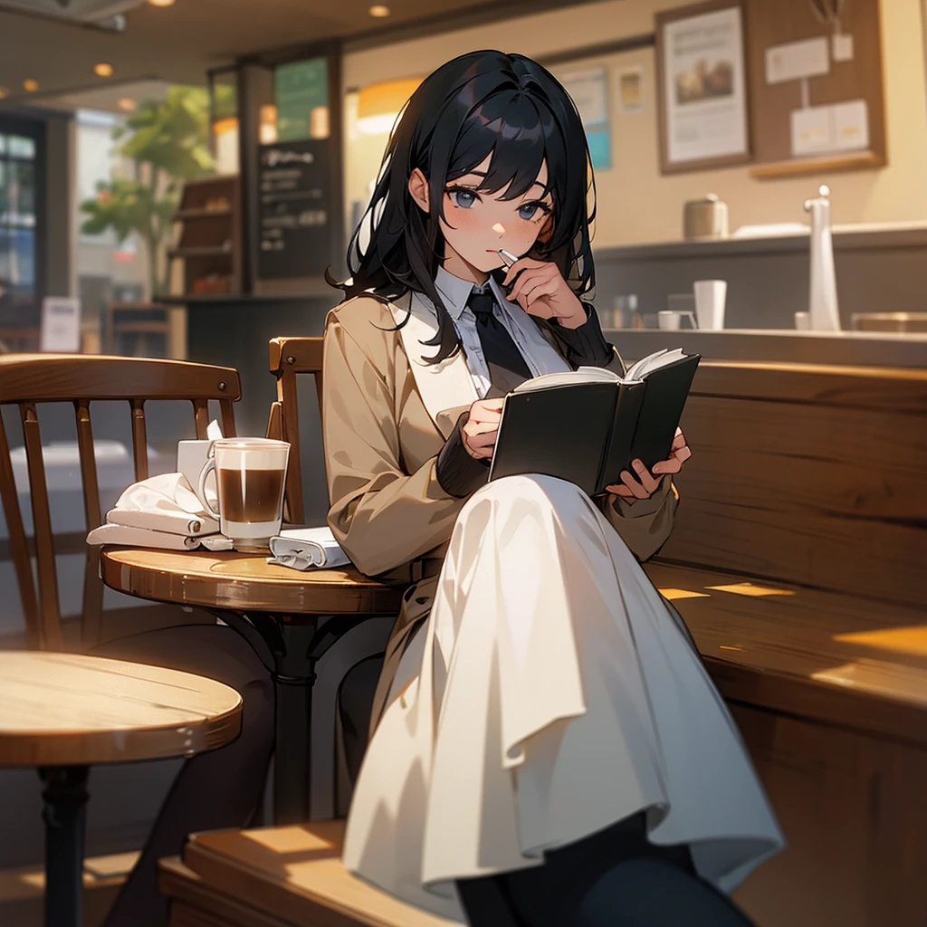 Reading and Coffee: A woman at a café table, reading a book while holding a coffee cup
 black hair
