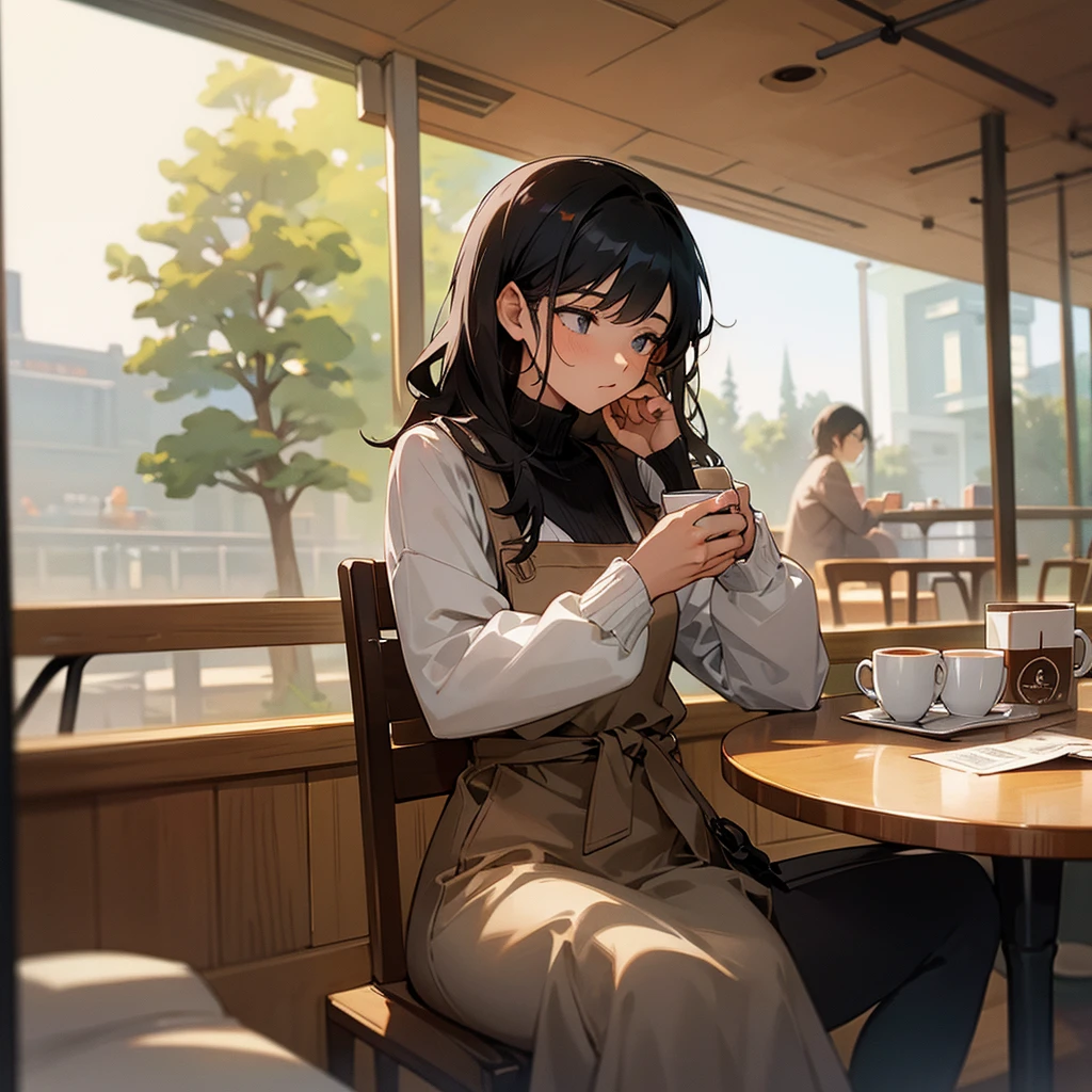 Reading and Coffee: A woman at a café table, reading a book while holding a coffee cup
 black hair
