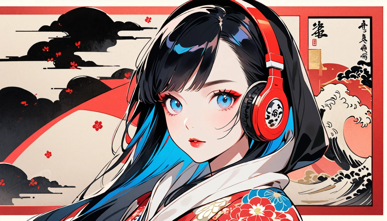 (((Ink Painting))), Fashion portrait color photos, (((1 girl))), (((Flashy makeup))), (((Japanese style headphones))), (((Japanese pattern hoodie))), (((Put on the hood))), Japan人の美少女, Black Hair, Delicate and precise, Modern ukiyo-e style,Japan, Japanese flag, red and blue neon
