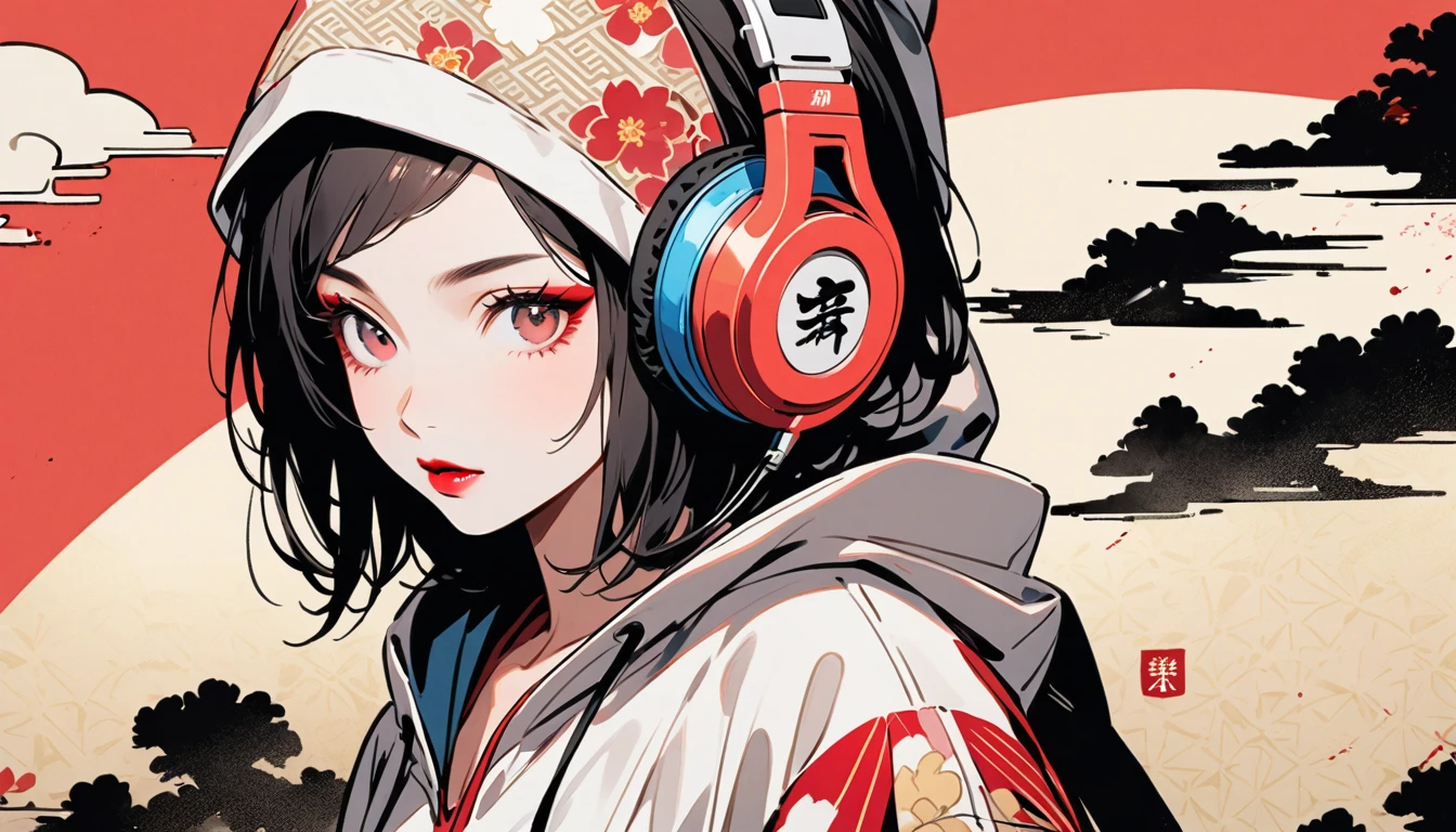 (((Ink Painting))), Fashion portrait color photos, (((1 girl))), (((Flashy makeup))), (((Japanese style headphones))), (((Japanese pattern hoodie))), (((Put on the hood))), Japan人の美少女, Black Hair, Delicate and precise, Modern ukiyo-e style,Japan, Japanese flag, red and blue neon