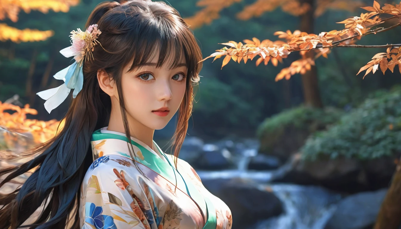 Masterpiece,(((One beautiful girl))),beautiful and moving，high quality（((Famous scenes from anime))）（(A touching scene)）,Gorgeous features。Hyper Details。High resolution。Anime Style。 HDR。 8k。The contrast between the fantasy scenery, the beautiful women, and the bold color scheme and elements is、It gives this piece an interesting story.。Painted Realism、Photorealistic、fantasy digital art、Rendering Information：32K resolution、Expressive details、