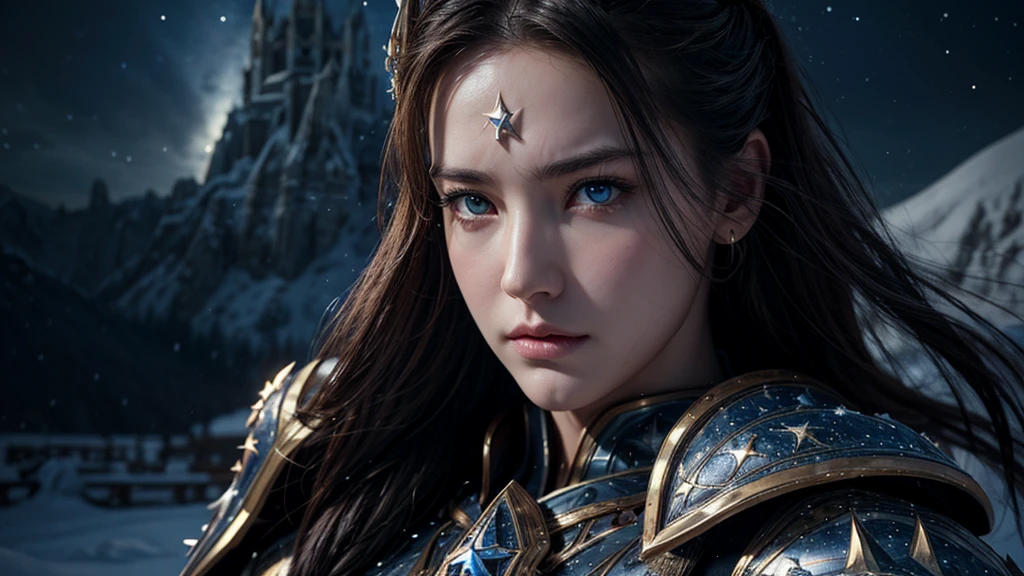 masterpiece, rest, best quality, Very detailed, Super real, 16K, high resolution, Snow Castle, ((Starry Sky)),Female Warrior,Gorgeous armor,Complex Mode,Pretty Face,Closed mouth,dramatic,Medium and long distance photos,Glowing eyes,Large Breasts