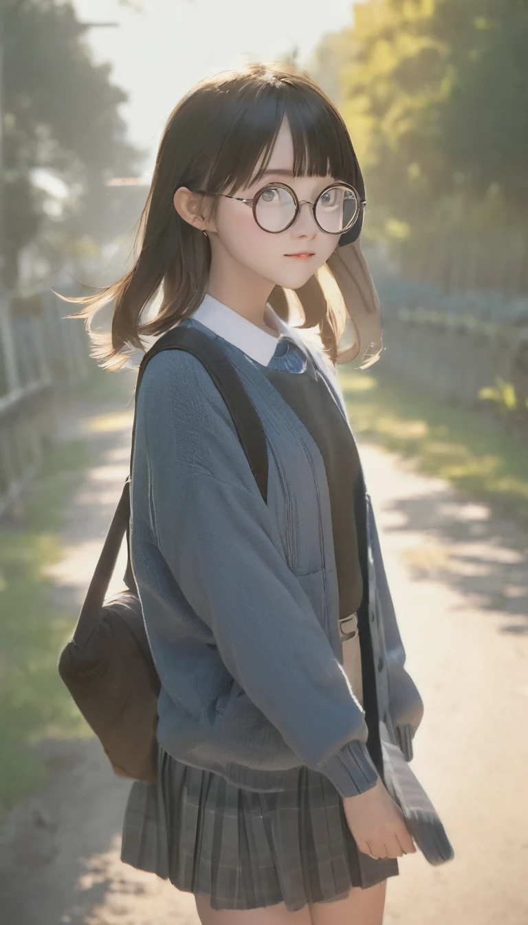 Highest quality、masterpiece、Perfect Anatomy、Girl, On the way to school, chatting with friends, Standing and waving, School Area, Rural Scenery, scenery, Round Glasses, School Cardigan, (Sleeves are longer than the wrist), Powerful loafers, Black ash two side up hair, Blunt bangs, Beautiful dark eyes, Black knee socks, Cinema Lighting, Upper Body, :3, School zone, Rural School
