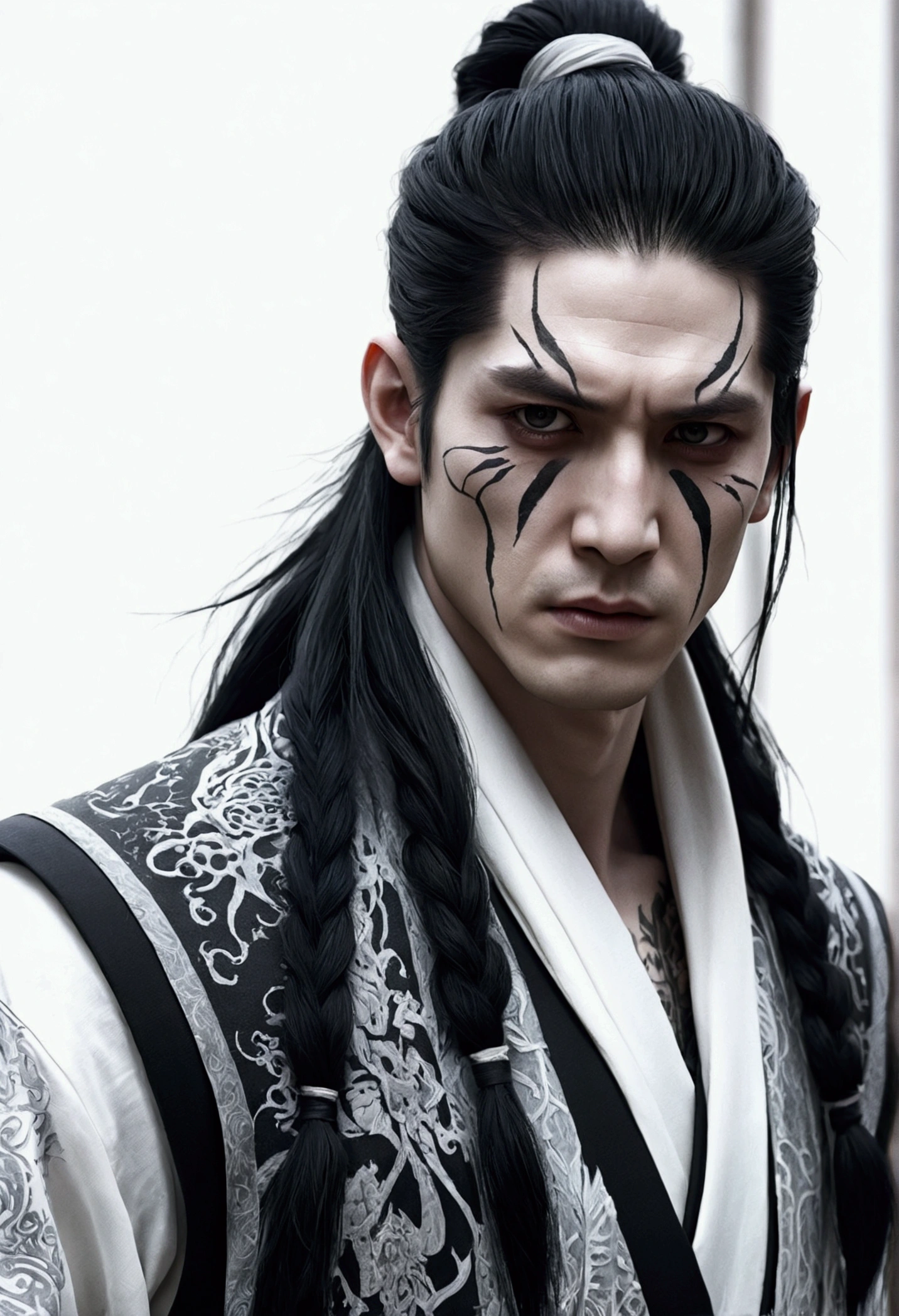 Pale man in japaness style fantasy clothes, Black hair with white highlights, wild black hair, wild hair in a ponytail, white eyes, scar,  furious, black scarf, 4k, un-zoom, intricate pencil sketch, perfect Anatomy