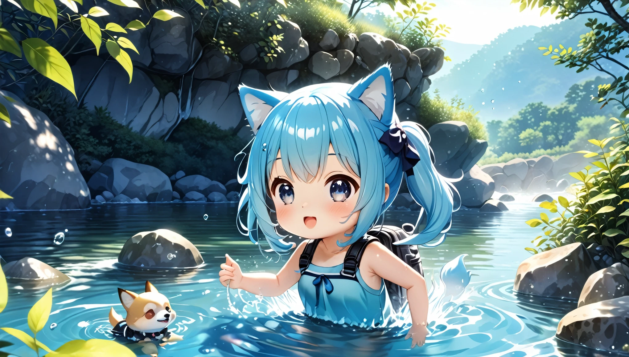Highest quality、High resolution、Detailed Background、(Beautiful face in every detail:1.4)Normal number of fingers、Detailed facial expressions、(Detailed eyes:1.2)、Light blue long hair、Twin-tailed Chibi Character、Braided twin tails、cute仕草をする、Innocent joy、Feel the nature、A cool day to swim in the river、Bright riverside in the forest(photograph)

(Two little characters enjoying a cool dip in the river:1.5)、

Under the scorching summer sun、I can hear the river babbling、Everybody starts running、The Shiba Inu also starts running.、
Take off your shoes and dip your feet in the water and smile..、Enjoy a relaxing moment in the cool water、
Children collecting stones, Throw into water, Splashing and cheering.、浮き輪に乗って流れを感じ大はしゃぎする姿がcute、
Eating lunch in the shade of a tree helps relieve fatigue.、Enjoy the pleasant breeze and nature、Let&#39;s make fun memories.、Everyone is smiling、It was a day of swimming in the river that was both physically and mentally fulfilling..、

Rash guard、Shorts、Sandals、Sun Cap、Short sleeve T-shirt、Shorts、sneakers、rucksack、cute