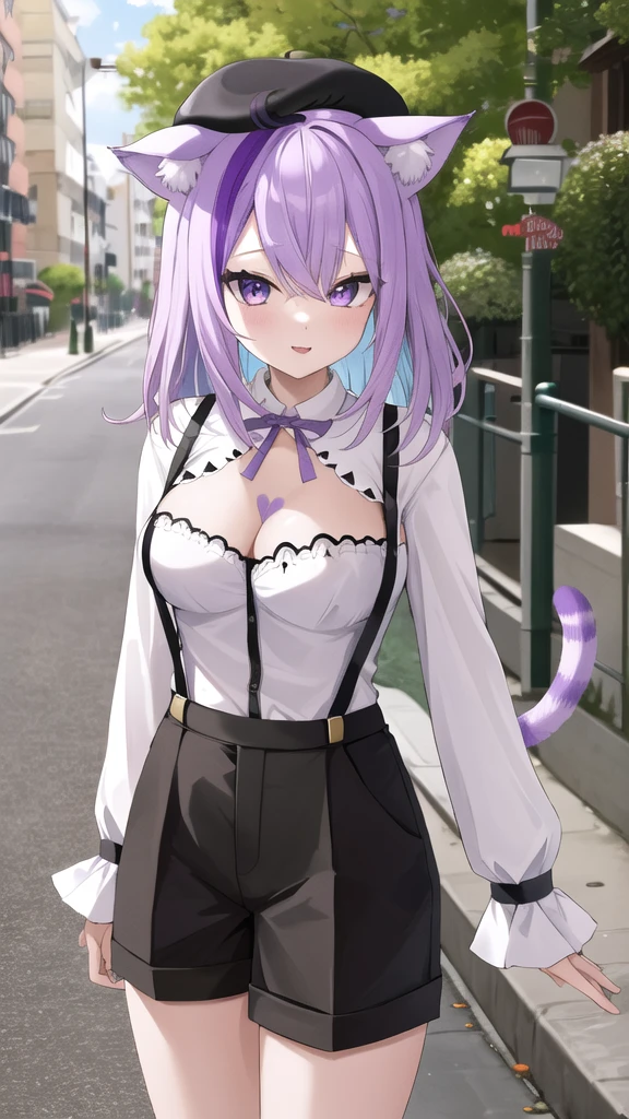 masterpiece, best quality, highres, aaokayu, medium hair, multicolored hair, streaked hair, animal ears, beret, cat tail, purple ribbon, breast tattoo, cleavage cutout, white shirt, suspender shorts, black shorts, cowboy shot, standing, outdoors, street