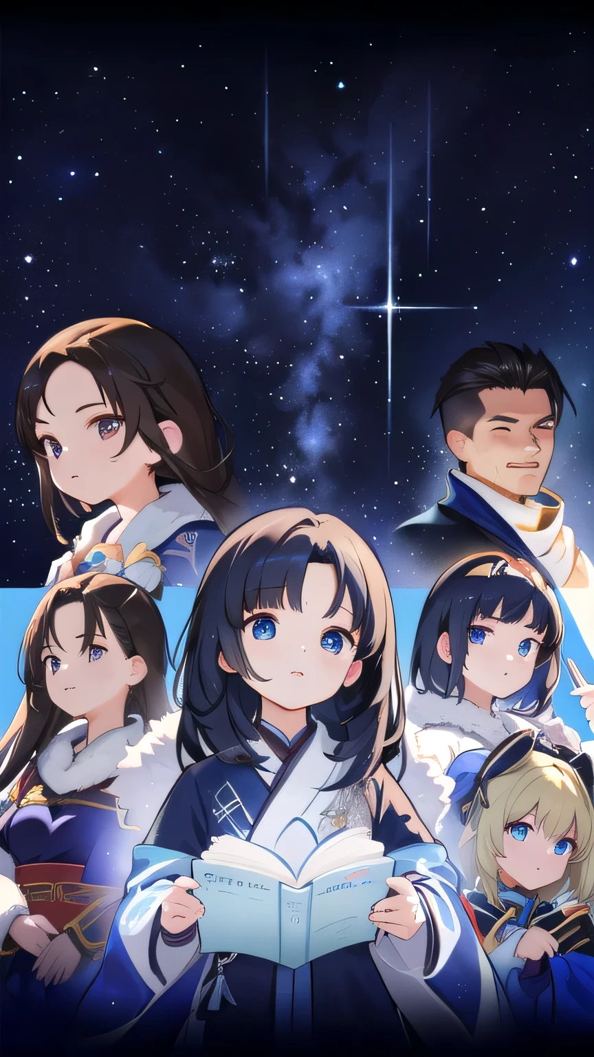 A group of people standing in front of a blue background, There are stars, Star Student, xianxia fantasy, cai xukun, Dōjin works, strict, official Dōjin works, High-speed image transmission from space, Heavenly, Propaganda Art, xision wu, beauttiful stars, star, 2 0 2 0 s Propaganda Art, Official poster, endless Heavenly library, endless