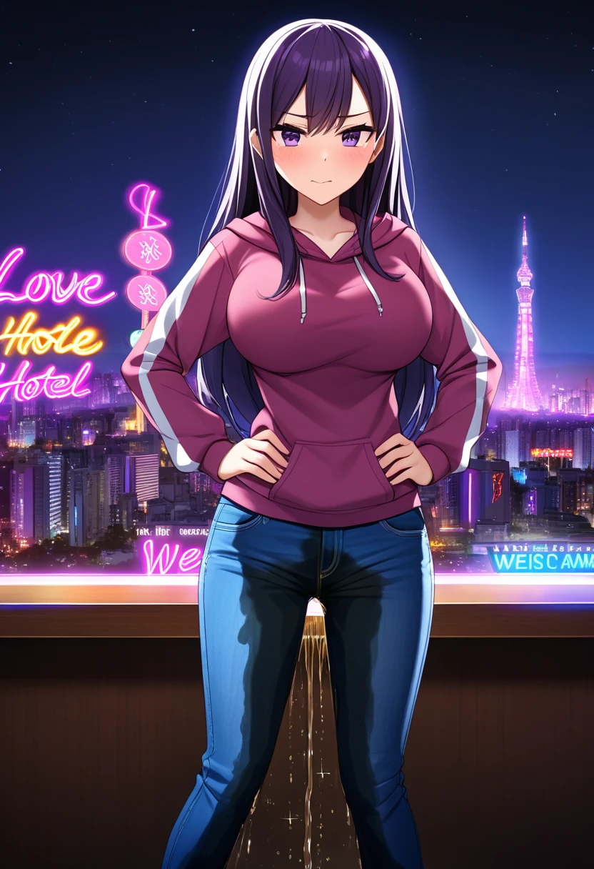 woman, very dark purple hair, purple eyes, long hair, large breasts, stylish hoodie, tight jeans, standing, (wetting herself:1.5), best quality, ultra-detailed, HDR, studio lighting, professional, vivid colors, sharp focus, bokeh, landscape, love hotel, bar counter, night, window, cityscape, colorful city, neon lights, futuristic, science fiction, soft lighting, dynamic shadows, embarrassed, humiliation, blushing, angry, facing viewer, (hands on hips:1.5), groin, mound of Venus