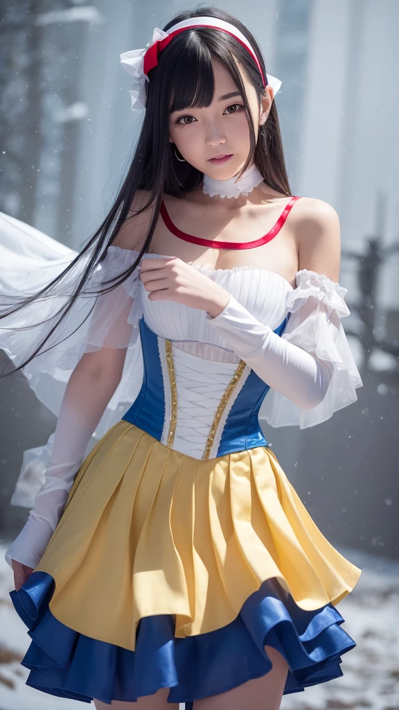 1 girl, smile: dimple: narrow waist, wide hips, straight hair, short hair, black eyes, thin white skin, small mouth, snow white costume, blue silk corset, shoulder sleeves with red white cut, skirt yellow pleated skater silk, white leggings, red hairband, red cape, full resolution