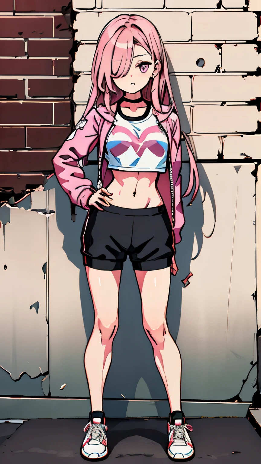 (masterpiece, best quality, 1girl, solo, intricate details, chromatic aberration), realistic, ((medium breath)),long hair, pink hair, red head ornament, pink highlights, hair over one eye,purple eyes, earrings, sharp eyes, choker, neon shirt, open jacket, crop top, (symmetry eyes),(perfect symmetrical body),against wall, brick wall, graffiti, dim lighting, alley ,look at viewer, woman at a gym, cute, front Pose, fitness girl, standing, erect Pose, symetrical, fitness model, skinny, Red sneakers, best qualityer, relaxed arms, hands down, ankle, fullbody view, stand straight with your back upright. Keep your shoulders back and maintain a straight line from your head to your feet.