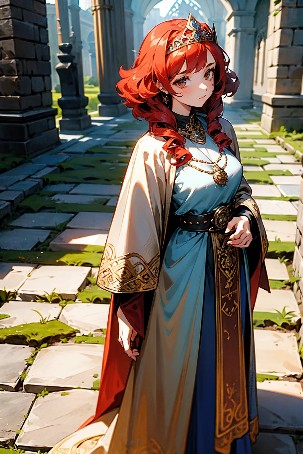 1female, curly red hair, hazel eyes, silver tiara, long blue medieval dress, ornate amulet, intricate belt, slender, standing on a cobblestone path, ancient castle ruins background, masterpiece, 8k.