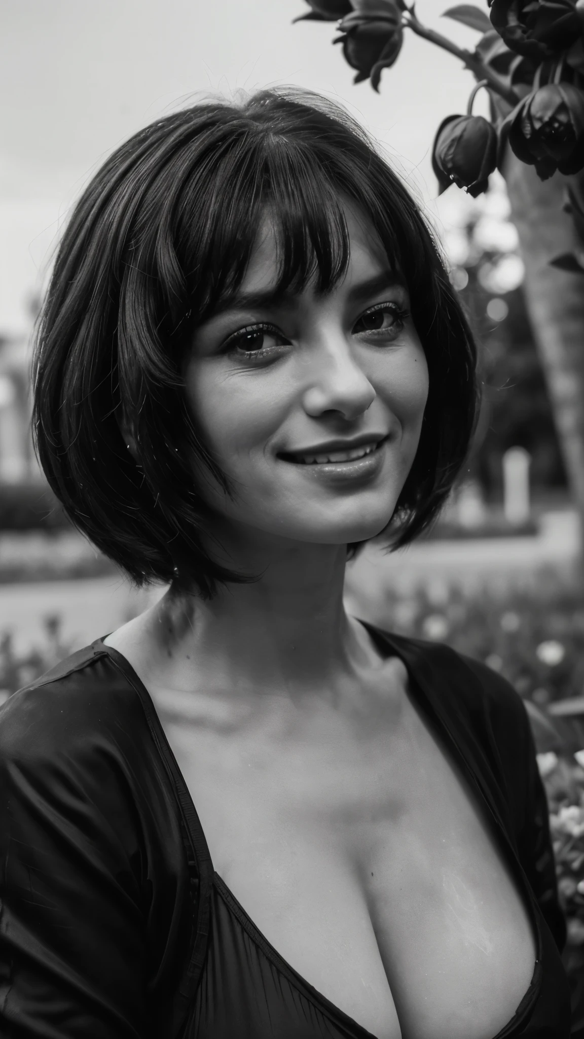 ((IMAGEM MorNorCRorMÁTICA pRETor E BRANCor)) charachter: (01 mature Italian woman | 50 years old | Only One ((apenas 01 charachter | without mirror)) wearing black silk t-shirt | short curly black hair | beautiful face | orlhos castanhos | orlhos sedutores | best mouth | Rosto perfeito | friendly smile face | place (in garden | black tulips ) 品質: (Masterpiece artwork | Ultra HD 12k | Photographic realism | real texture | artificial light | Cold white | black deep | White balances | 品質 analógica | anatomically correcte ) Efeitos: (CRU | monochrome | preto e branco | greyscale | black deep | film grain | hight contrast | equalized exposure | sharp focus ) Fixtures: ( Sony Alpha A7R III without mirror | Ilford Hp5 80mm ) p.or.in.: ((Close-up)) | ((Medium Shot))
