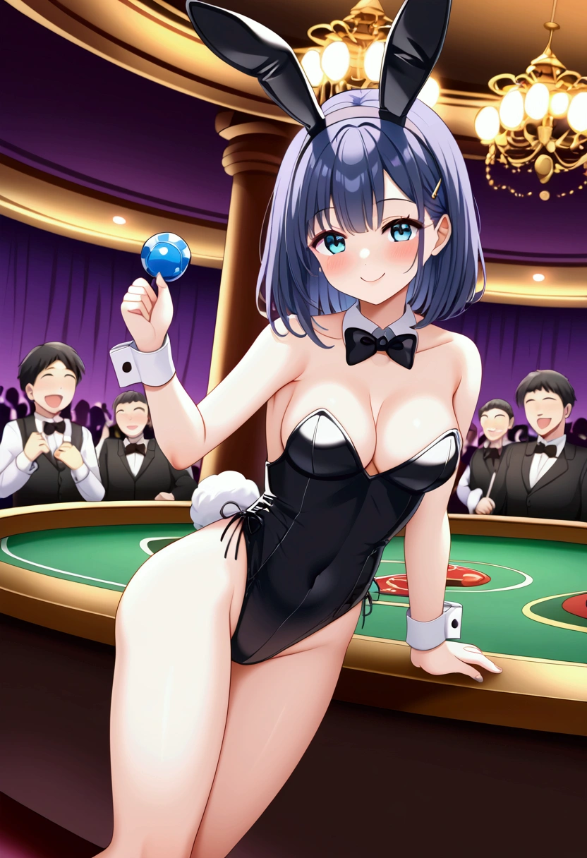 Men surrounding a girl、smile、he is short、Baby Face、The men are crowding,crowd、chandelier、Gambling grounds、casino,Baby Face、Bunny girl、Bunny Suit