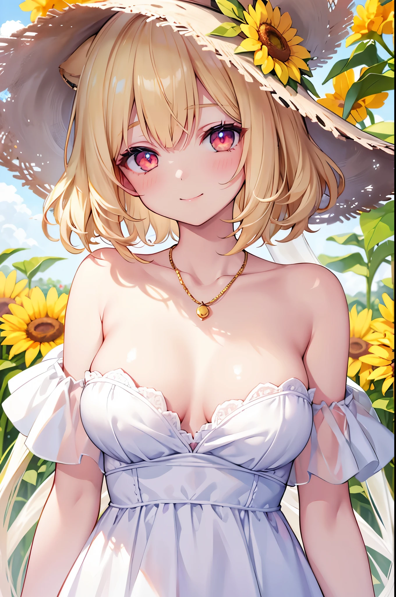 Beautiful girl, flat chest,sun flower,shiny gold platinum blonde hair,  Bobcut,curly hair, Dog ears、Red sparkling eyes、detailed cute eyes,(glowing eyes:1.4),laugh heartily,((Droopy eyes)),white dress, straw hat, looking at sun flower, happy, watercolor, retouching, masterpiece, high quality, pastel colors, gentle light, cute pendant, sun flower blizzard, naughty smile