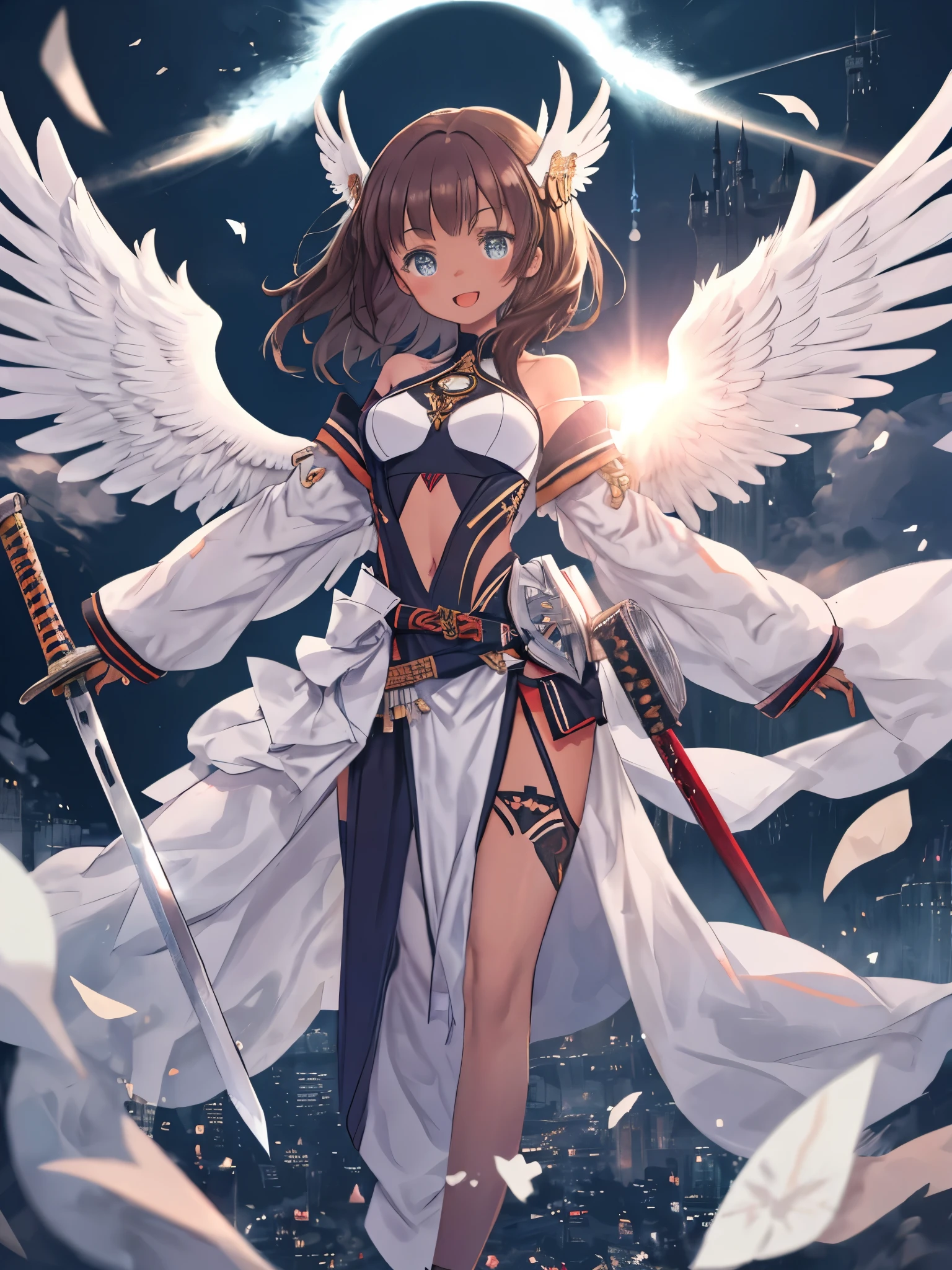 fantasy, 1angel_girl, low_, dark_brown_hair,long_bangs, (dark_skin)+, bare_shoulder, navel out, thighhighs,silver_shiny_armor, white_clothes,waist_armor, Glebe, hold_swords_emits_light, medium_breasts, dynamic_flying_pose,Floating, (1pair_white_wings:1.2),(pelvic_curtain:1.3), silver_Headgear ,looking_down_at_sunset_city_sky_background,,slightly_spread_legs, some_swords_emits_light,some_swords_emits_light_floating_around_the_girl,solo,glare_halo,laugh ,smile,open_mouth,open_legs,open_arms,rise_knee,rise_leg,rise_thigh,rise_leg,forward_leaning_posture,apart_legs,