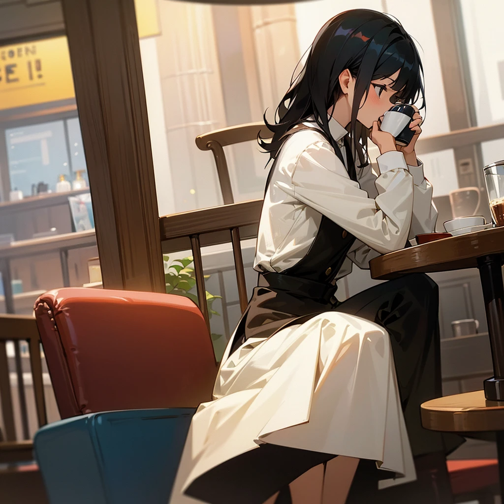 Reading and Coffee: A woman at a café table, reading a book while holding a coffee cup
 black hair
