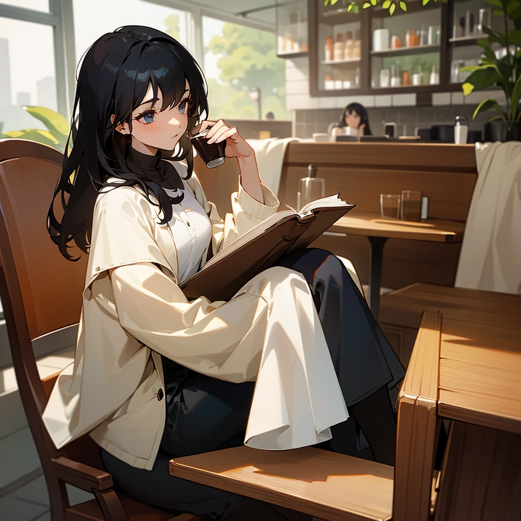 Reading and Coffee: A woman at a café table, reading a book while holding a coffee cup
 black hair

