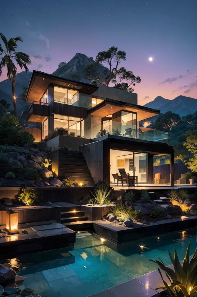 small and beautiful modern house in top of big boulders, terraces, pool, stairs, multiple cacti gardens, palms, trees, rocks, beautiful landscape design, mountains and volcano y background, amazing clouds, sun, moon, planets, milky way galaxy, concrete, wood, glass and steel materials, olive green, violet, orange and withe colors in facade