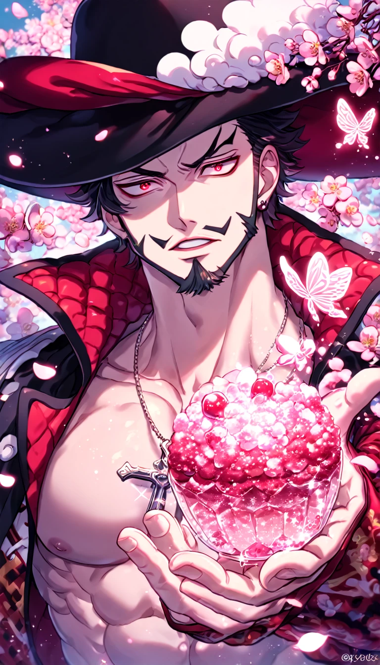 absurdres, highres, ultra detailed, HDR, master piece, best quality, extremely detailed, Dracule Mihawk, black hair, expressive red eyes, One Piece, solo, sexy man, handsome, wide-brimmed black hat decorated with a large plume, open black coat with a red velvet inside, without shirt, red flower-patterned sleeves, close up, cross necklace, magical, sparkling, pink glittering fireflies, pink ice, pink ice butterflies, pink ice petals, pink ice cherry blossoms, pink crystal, pink flowers, pink moon