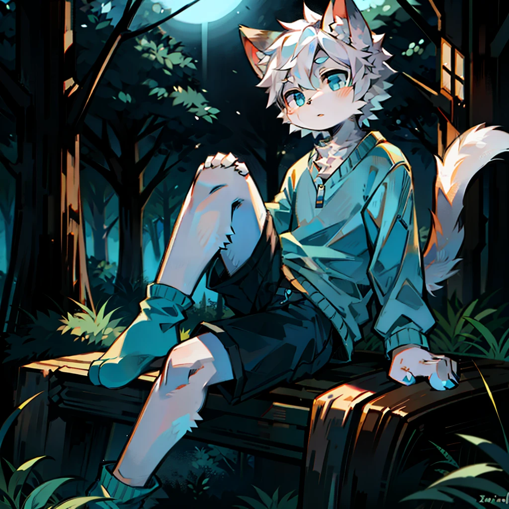 furry， cat boy，（White hair），（Dark gray skin），blue eyes，Sitting in the forest at night，（（Wear short yellow socks）），Light blue pajamas and shorts，The only person，high quality