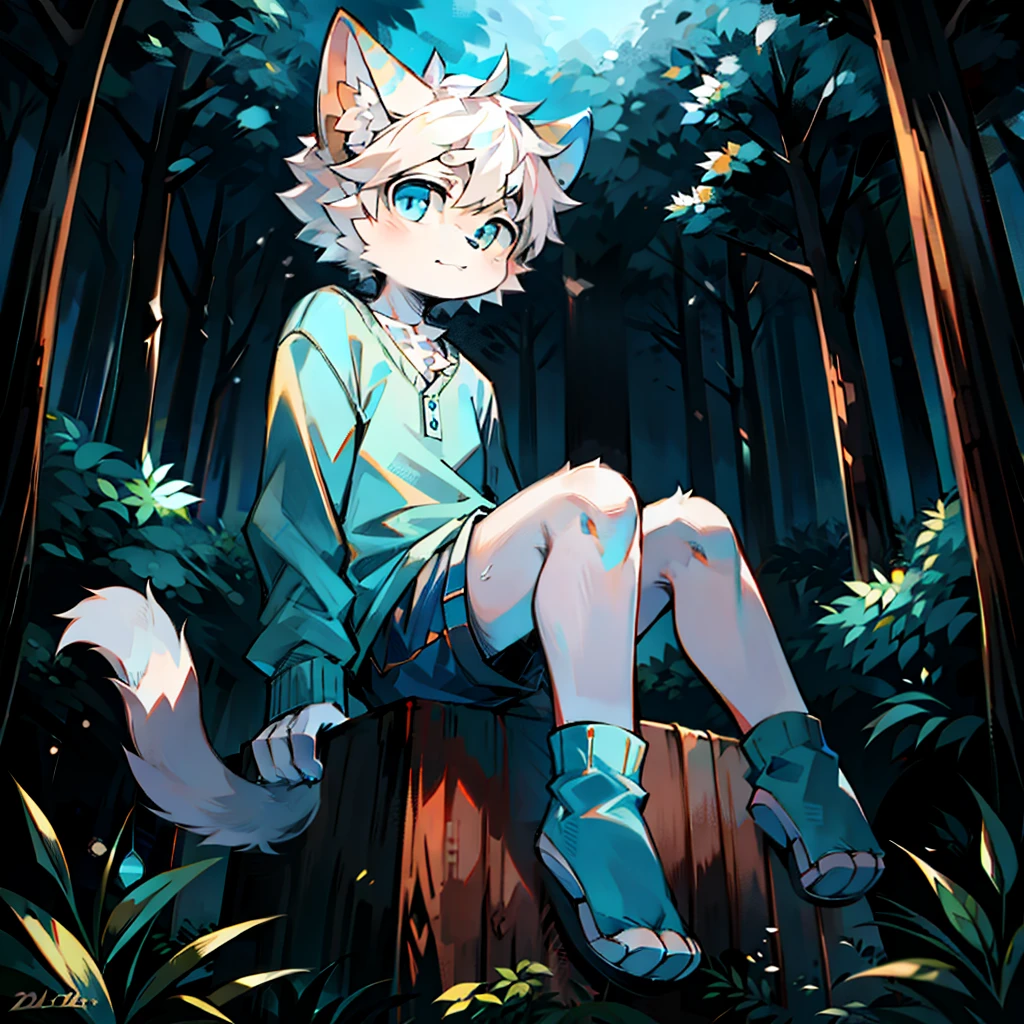 furry, cat boy,(White hair),(Dark gray skin),blue eyes,Sitting in the forest at night,((Wear short yellow socks)),Light blue pajamas and shorts,The only person,high quality