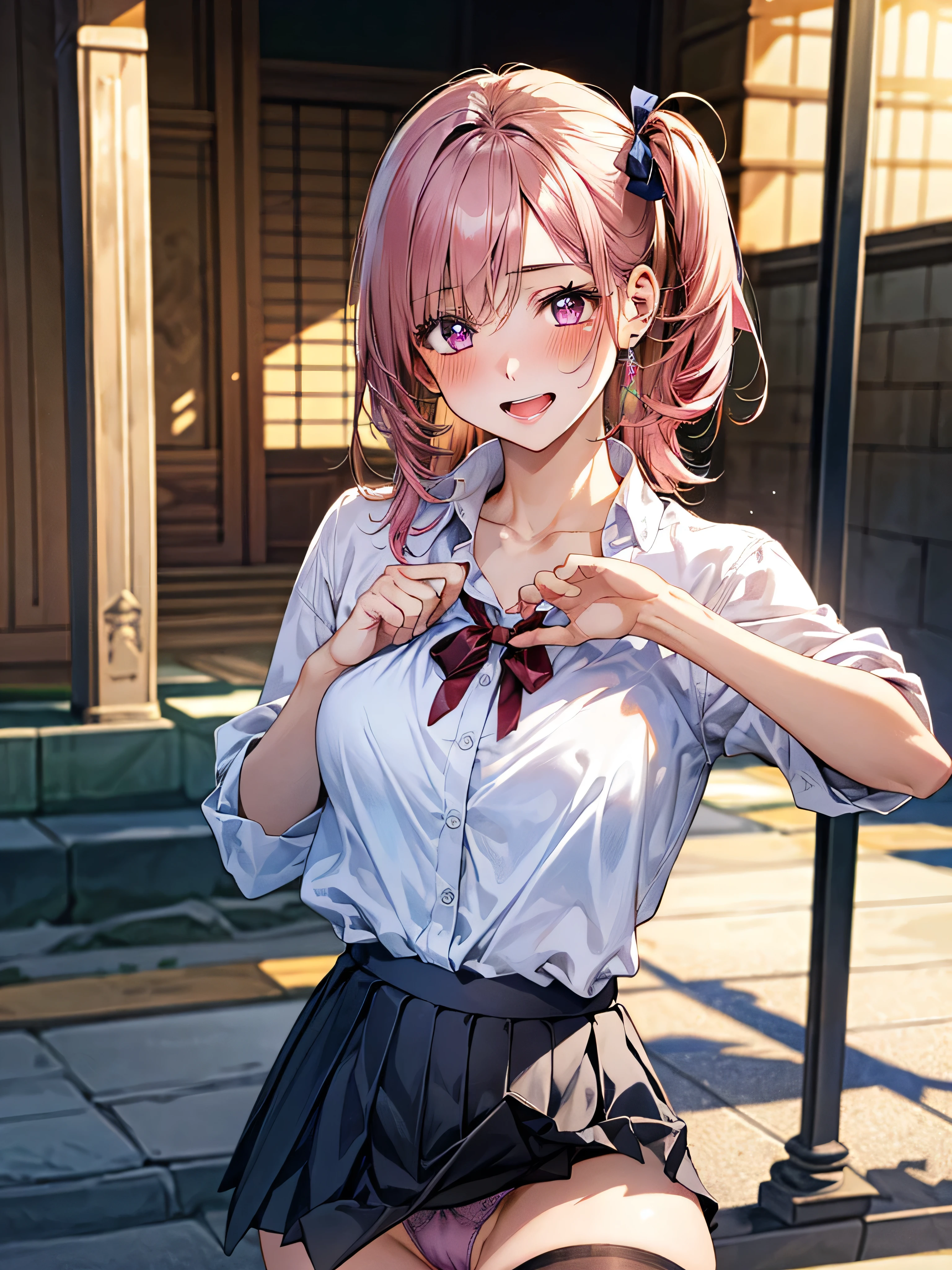 (masterpiece:1.3, top-quality, ultra high res, ultra detailed), (realistic, photorealistic:1.4), beautiful illustration, wearing knit sweater & miniskirt, (Flirtingly lifting her skirt to show her panties:1.3),perfect lighting, natural lighting, colorful, depth of fields, surrealism, (embarrassed,blush:1.3),
beautiful detailed hair, beautiful detailed face, beautiful detailed eyes, beautiful clavicle, beautiful body, beautiful chest, beautiful thigh, beautiful legs, beautiful fingers, shiny skin,
looking at viewer, 1 girl, japanese, high school girl, (perfect anatomy, anatomically correct, super detailed skin), cute and symmetrical face, babyface, perfect face, perfect eyes,
(middle hair, two side up, pink hair), crossed bangs, purple eyes, drooping eyes, big eyes, long eyelashes, (large breasts, seductive thighs, skindentation), slender, outstanding style,
((detailed cloth texture, white collared shirt, blue pleated skirt, dark red neck ribbon), black thigh-highs, loafer),
(beautiful scenery), late afternoon,hands on chest, (lovely smile, upper eyes, open mouth small),