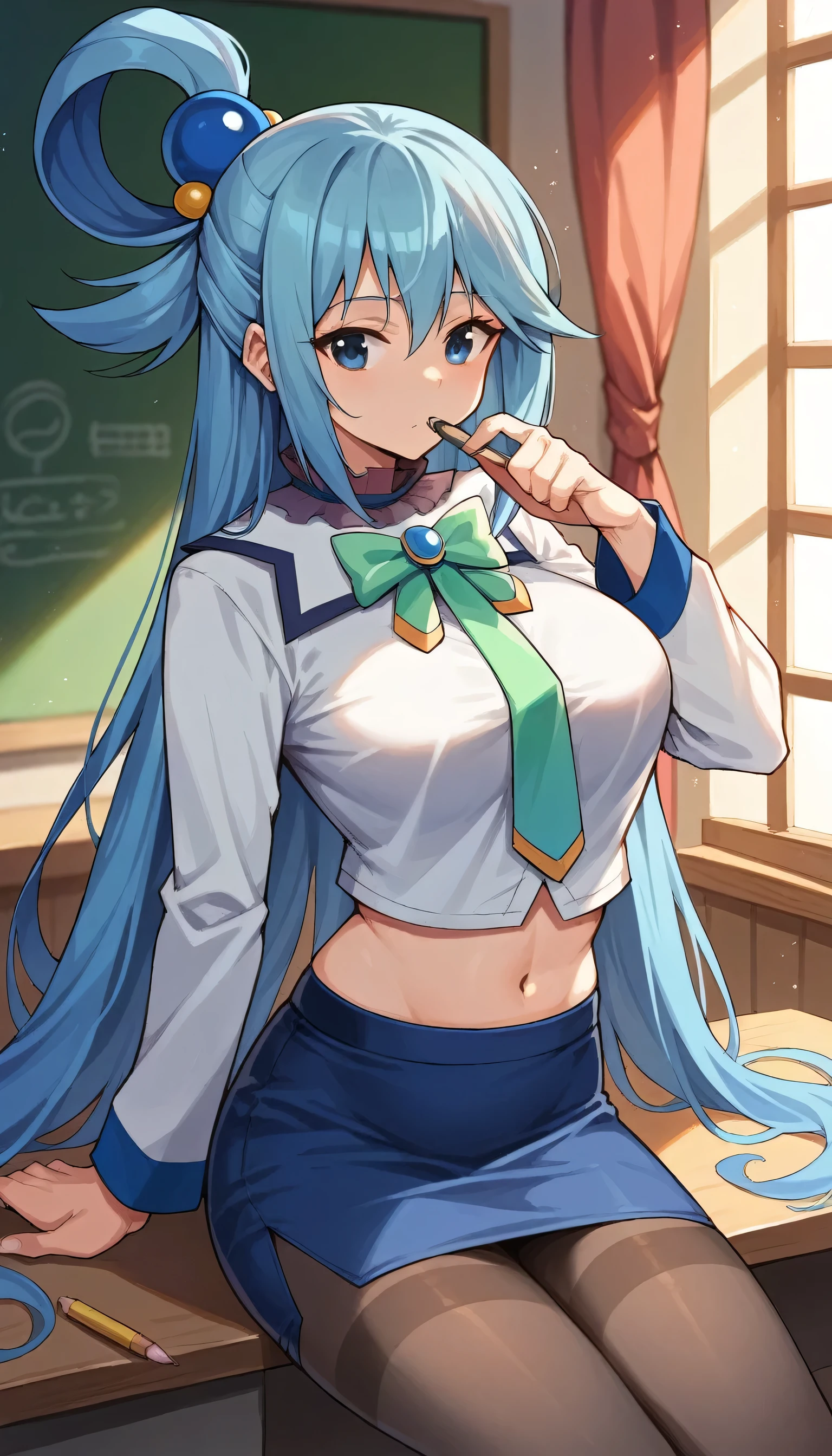 aqua \(konosuba\), long hair, hair ornament, very long hair, hair rings, hair bobbles, single hair ring, blue hair, blue eyes,1girl, skirt, solo, necktie, pencil skirt, pantyhose, midriff, navel, breasts,  miniskirt, skirt lift, large breasts,teacher outfits 